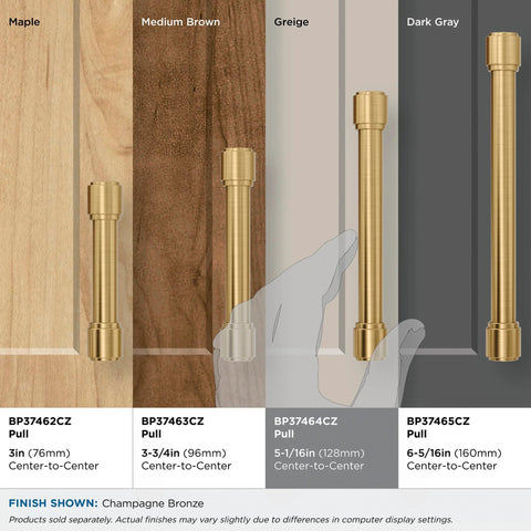 Faircrest Champagne Bronze Cabinet Pull With 5-1/16 Inch Center-To-Center Spacing And 5-7/8 Inch Overall Length shown on different surfaces
