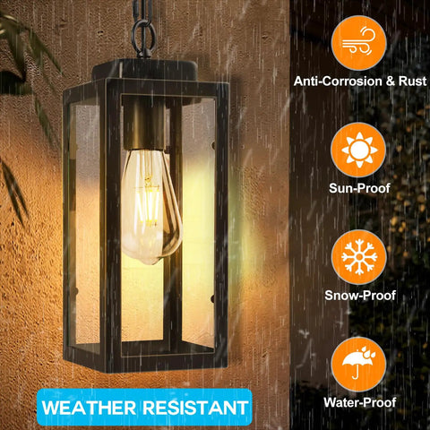 Slick Black Aluminum Outdoor Pendant Light With Tempered Glass, adjustable 63 inch chain hanging, weather-resistant design.