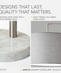 Brushed steel arc floor lamp with white marble base and gray tweed-like fabric drum shade, Adesso model 4249-22.