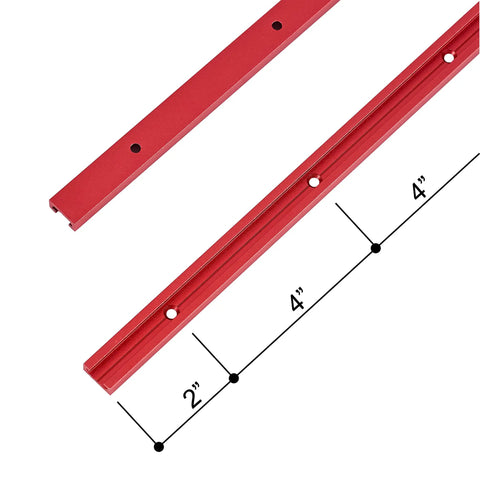 Rock Solid Aluminum T Track For Woodworking Jigs And Shop Fixtures Bold Red 36 Inch Bar Two Pack showing 36 inch red t track with mounting holes.