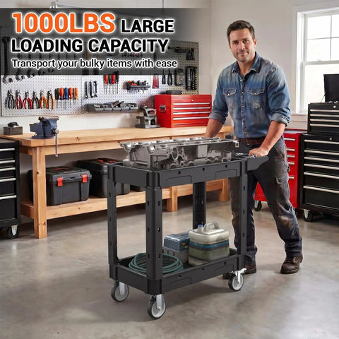 Beefy Rolling Storage Cart 40 By 17 Inches With 1000 Lb Capacity, Workhorse Utility Cart Made From Industrial Grade Polypropylene, Rustproof, Waterproof, Corrosion Resistant For Indoor Or Outdoor Use in a workshop with engine block