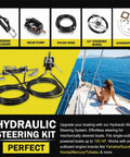 All In One 150HP Outboard Hydraulic Steering Kit With 13 Inch Plated Alloy Steering Wheel, 25 CC Helm Pump, Cylinder, And 26.8 Foot Cuttable Hoses For Yamaha, Honda, Suzuki, Mercury, Bay Boats, Pontoon displayed in components.