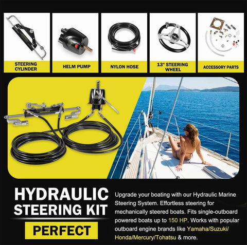 All In One 150HP Outboard Hydraulic Steering Kit With 13 Inch Plated Alloy Steering Wheel, 25 CC Helm Pump, Cylinder, And 26.8 Foot Cuttable Hoses For Yamaha, Honda, Suzuki, Mercury, Bay Boats, Pontoon displayed in components.