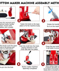 Assembly steps for All In One Button Maker Kit With 25mm 32mm And 58mm Molds Interchangeable Press 300 Button Fittings and tools shown