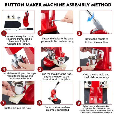 Assembly steps for All In One Button Maker Kit With 25mm 32mm And 58mm Molds Interchangeable Press 300 Button Fittings and tools shown