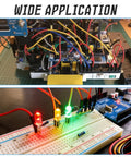 Five Pack 40 Cm Multicolor Dupont Jumper Wires Set For Arduino Raspberry Pi And Breadboard Projects 2.54 mm Pitch Male And Female 4 Pin Cables Pro Grade DIY Prototyping connected to electronic boards and LEDs.