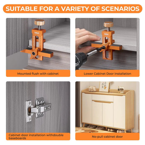 Pro Grade Aluminum Cabinet Door Alignment Jig For Frameless And Face Frame Install in use for lower cabinet door installation.