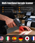 Wireless 1D And 2D QR Barcode Scanner With Display Screen Battery Level Indicator Time Display Bluetooth And Charging Cradle Base for Warehouse Supermarket Library And Inventory Management used on box
