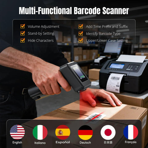 Wireless 1D And 2D QR Barcode Scanner With Display Screen Battery Level Indicator Time Display Bluetooth And Charging Cradle Base for Warehouse Supermarket Library And Inventory Management used on box