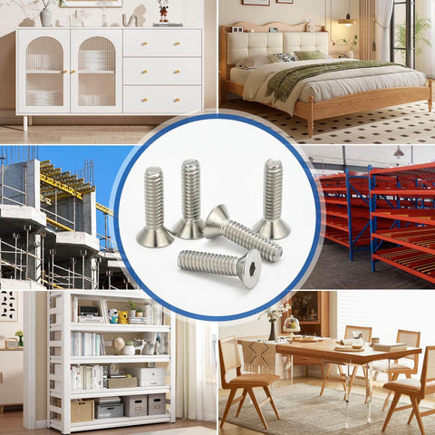 50 Pcs 1/4-20 x 1 Flat Head Socket Cap Screws Countersunk Bolts In 304 Stainless Steel 18-8 With Allen Drive Bright Finish Fully Machined Threads 1 Inch Long with home and industrial use background.