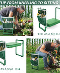 Man using heavy duty garden kneeler and seat with extra wide 10.2 inch EVA cushion in green, shown as kneeler and bench.