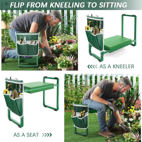 Man using heavy duty garden kneeler and seat with extra wide 10.2 inch EVA cushion in green, shown as kneeler and bench.