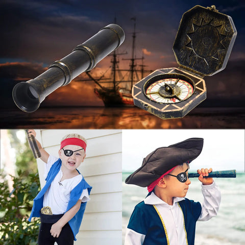 Pirate Themed Telescope And Compass Prop Set With Eye Patch For Themed Parties Stage Plays And Cosplay Vintage Treasure Sundial Accessory For Ship Captain Decor Durable Plastic Props For All Ages. Pirate telescope, compass and eye patch set; plastic and fabric pirate costume props
