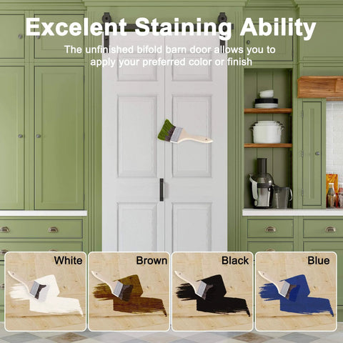 Paintable Bifold Barn Door 48 By 84 Inches No Assembly Required 6 Panel Bi Fold Sliding Closet Doors With Hardware Kit Included 52 Inch Track Kit For Four Doors Pre Drilled Holes White Finish Space Saving Easy Install shown in a kitchen setting.