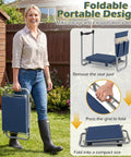 Woman holding Foldable Garden Kneeler And Seat With Two In One Design For Comfortable Weeding And Raised Bed Work Detachable EVA Foam Pad 350 Lbs Heavy Duty Metal Frame Tool Pouch Portable Stool For Seniors Blue in folded state