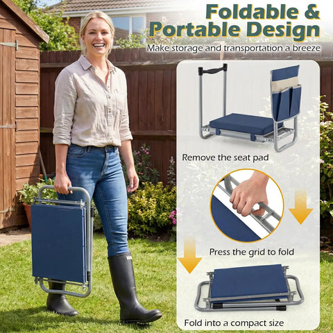 Woman holding Foldable Garden Kneeler And Seat With Two In One Design For Comfortable Weeding And Raised Bed Work Detachable EVA Foam Pad 350 Lbs Heavy Duty Metal Frame Tool Pouch Portable Stool For Seniors Blue in folded state