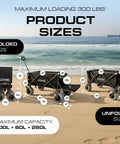Heavy Duty Beach Wagon With Big Wheels For Sand unfolded and folded on beach, showing size and dimensions