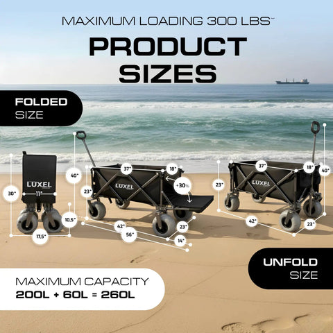 Heavy Duty Beach Wagon With Big Wheels For Sand unfolded and folded on beach, showing size and dimensions