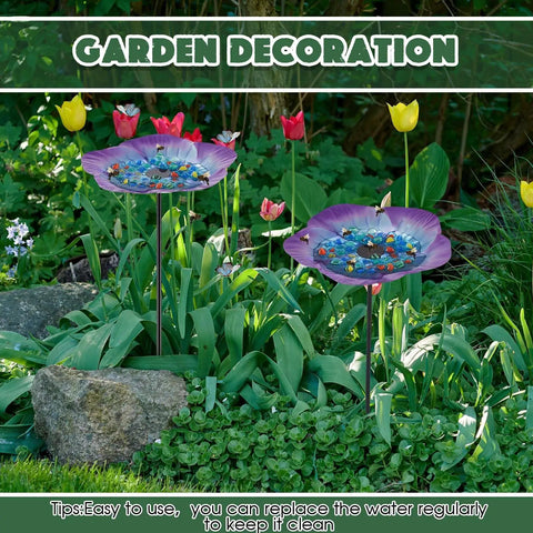 Vivid Flower Bee Watering Station with Metal Butterfly Water Feeder Cup and 30 Glass Marbles in a Garden Setting