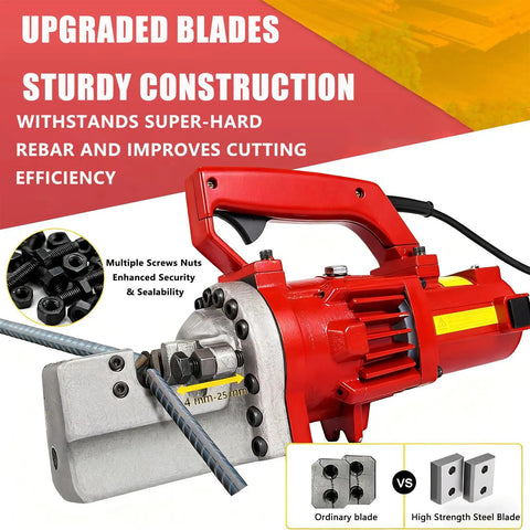 Electric Hydraulic Rebar Cutter 1700W With 1250W/1700W Copper Coil Motor cutting rebar, showcasing sturdy construction and upgraded blades