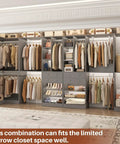 Kickass Heavy Duty U Shaped Walk In Closet Organizer With Four Massive Drawers Ten Reliable Hanging Rods And Six Flexible Shelves Built Like A Tank For Mad Storage Space Finished In Trendy Morandi Grey showing well-organized hanging and stored apparel.