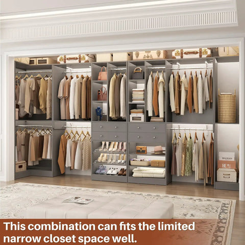 Kickass Heavy Duty U Shaped Walk In Closet Organizer With Four Massive Drawers Ten Reliable Hanging Rods And Six Flexible Shelves Built Like A Tank For Mad Storage Space Finished In Trendy Morandi Grey showing well-organized hanging and stored apparel.