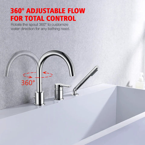3 Hole Deck Mount Roman Tub Faucet With Hand Shower Chrome Finish Solid Brass Body Includes Valve And 59 Inch Hose