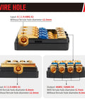 Close-up view of 4 Way Mini Anl Fuse Holder 60A Fuse Distribution Block showing input/output wire holes and diameters.