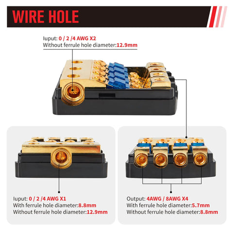 Close-up view of 4 Way Mini Anl Fuse Holder 60A Fuse Distribution Block showing input/output wire holes and diameters.