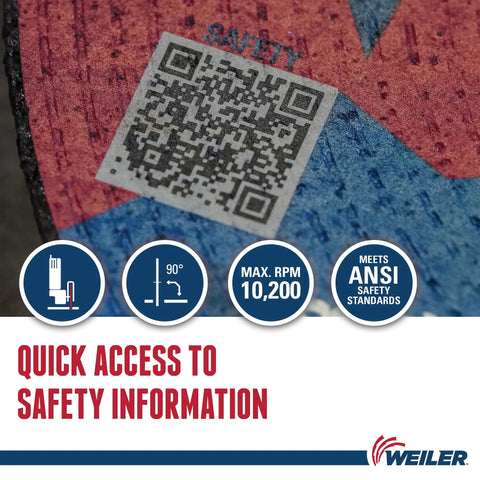 Close-up of 6 Inch Cut Off Wheel For Metal And Stainless Steel, showing QR code and safety information, meets ANSI standards.