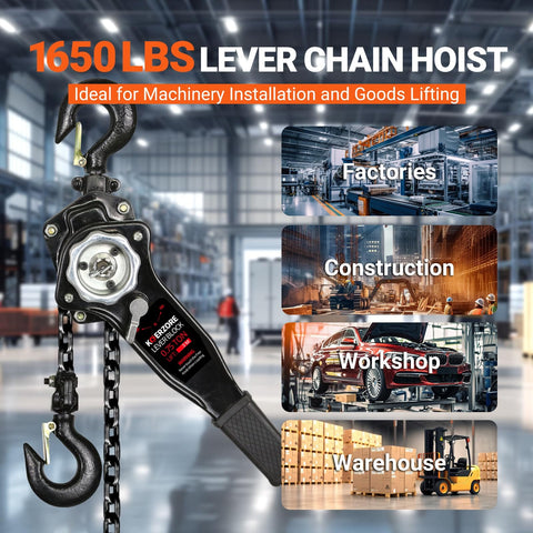 Beefy Three Quarter Ton Manual Lever Chain Hoist 1650 Lbs Capacity 10 Ft Lift G80 Galvanized Carbon Steel in warehouse