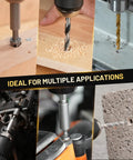 Workhorse Titanium Coated Drill Bit Set With 35 No Nonsense Pieces including HSS bits in action on wood, metal, and masonry.