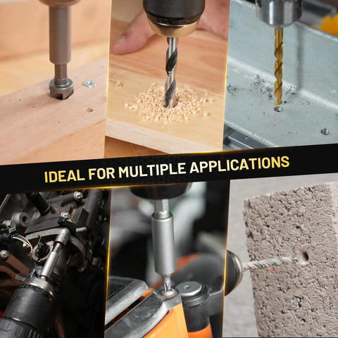 Workhorse Titanium Coated Drill Bit Set With 35 No Nonsense Pieces including HSS bits in action on wood, metal, and masonry.