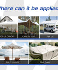 Various outdoor setups including pop-up canopy, canopy tent, parking cover, beach umbrella, and dust cover for different applications.