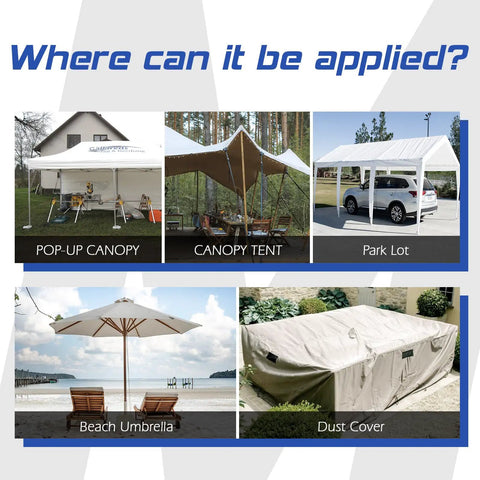 Various outdoor setups including pop-up canopy, canopy tent, parking cover, beach umbrella, and dust cover for different applications.