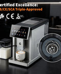 Top Shelf Espresso Coffee Maker With Handy Milk Frother And Adjustable Grinding Blades For Home Baristas Featuring Detachable Milk Tank And Sleek Silver Build, brewing coffee with milk frother in use.