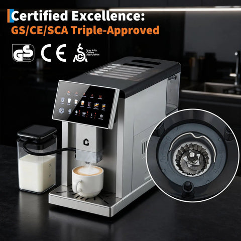 Top Shelf Espresso Coffee Maker With Handy Milk Frother And Adjustable Grinding Blades For Home Baristas Featuring Detachable Milk Tank And Sleek Silver Build, brewing coffee with milk frother in use.