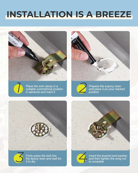 Installation steps for Built Tough Undermount Sink Clips 10 Pack Of Industrial Steel Clamps for kitchen and bath.