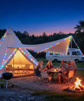 2 Pack Battery Operated Outdoor String Lights With 8 Modes illuminating a tent and campsite, creating a warm ambiance under the night sky.