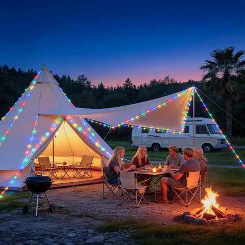 2 Pack Battery Operated Outdoor String Lights With 8 Modes illuminating a tent and campsite, creating a warm ambiance under the night sky.