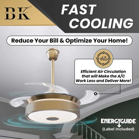 Dope Retractable 42 Inch Ceiling Fan With Remote Control Bluetooth Speaker shown in modern gold aluminum design