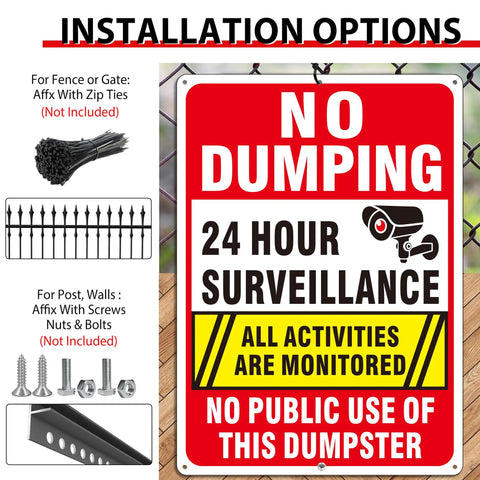 Catch Those Sneaky Trash Hogs With These 2 Pack Heavy Duty Aluminum No Dumping Signs Featuring Bold Print To Secure Your Yard From Illegal Disposal Using Reflective Fade Resistant Metal Plates And Quick Mount Kits, 14x10 inch.
