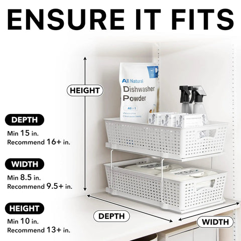Dimensions for Total Game Changer Slick Sliding Under Sink Organizer With Adjustable Divider And Portable White Baskets.