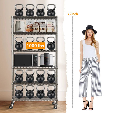 Beefy Heavy Duty Metal Rolling Shelving Unit With Wheels And 8 Hooks, 6000 Lbs Total Capacity, 6-Tier Adjustable Wire Rack For Garage, Kitchen, Pantry, Industrial, Workshop, Bathroom, Chrome 36W X 14D X 72H with 72-inch height shown
