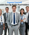 Office workers wearing 20 Pack Retractable Badge Holders With Carabiner Reel Clip For ID Cards And Keys, smiling indoors