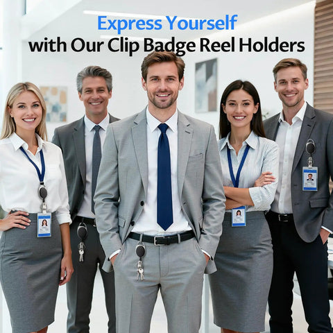 Office workers wearing 20 Pack Retractable Badge Holders With Carabiner Reel Clip For ID Cards And Keys, smiling indoors