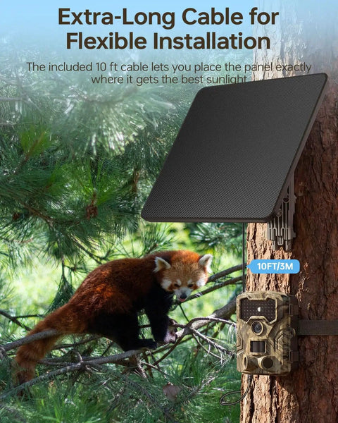 All Weather Trail Camera Solar Panel With Built In 10000mAh Battery 6W Charger Delivers Steady 12V 1.5A Output on tree trunk