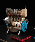 Premium Metal Inline Four Cylinder Engine Model Kit That Runs Sick And Tight Motorized Assembly Featuring Anodized Aluminum Craftsmanship built on a stand.