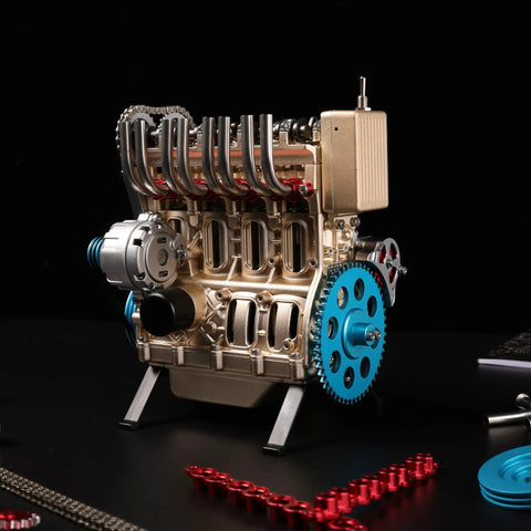 Premium Metal Inline Four Cylinder Engine Model Kit That Runs Sick And Tight Motorized Assembly Featuring Anodized Aluminum Craftsmanship built on a stand.