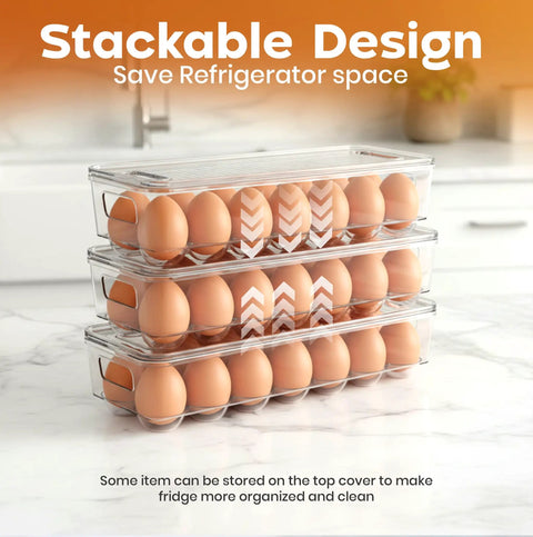Stacked Clear Stackable Egg Holder With Lid And Handle Pack Of 4 For Fridge Organization 14 Slot Egg Tray on kitchen counter